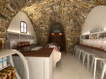 BAR. Pavimento in gres porcellanato. Allestimento costituito da ripiani, vetrine frigorifere e un bancone.